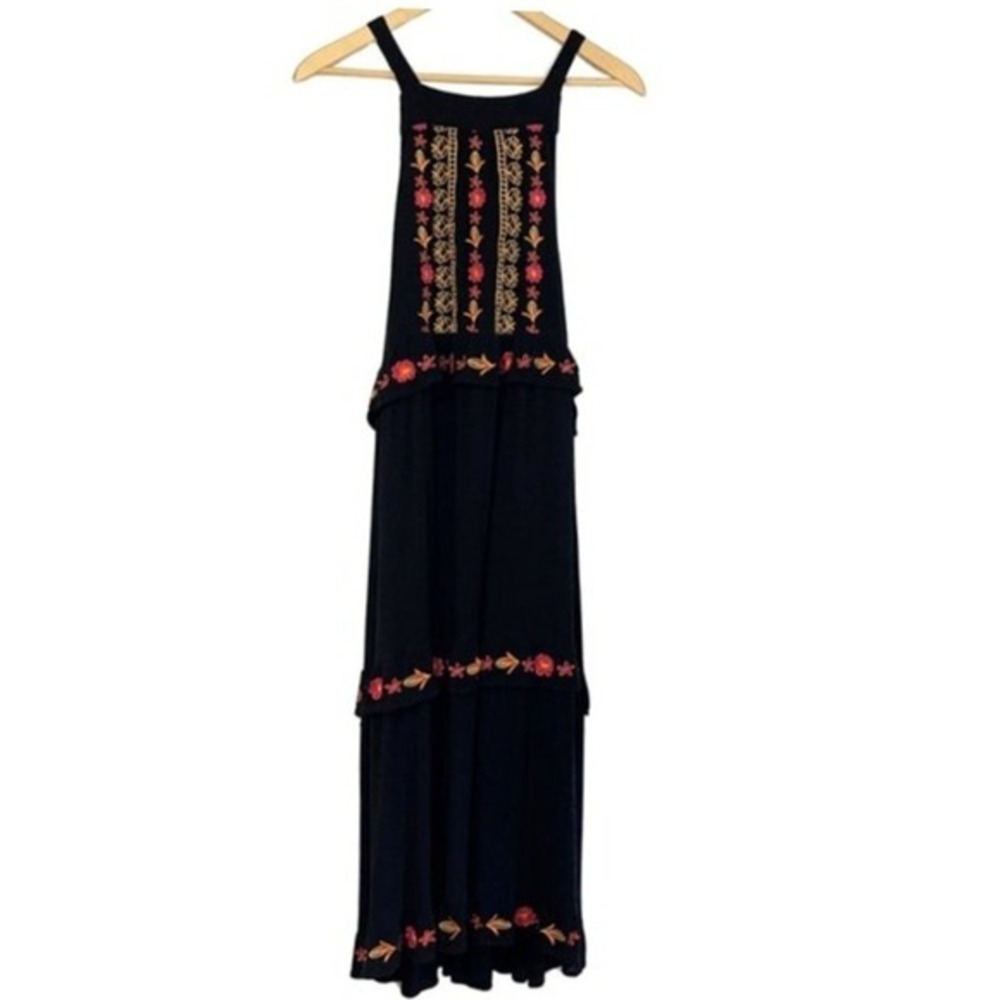 Embroidered Maxi Dress Tea N Rose‎ Womens Size M Black Swiss Dot Long Tiered